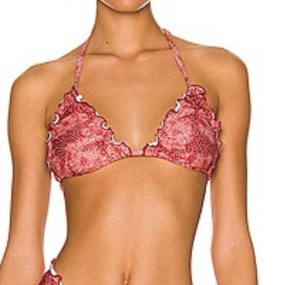 Minkpink NWT Moroka Red Patterned Ruffled Triangle Bikini Top Small - Picture 1 of 6